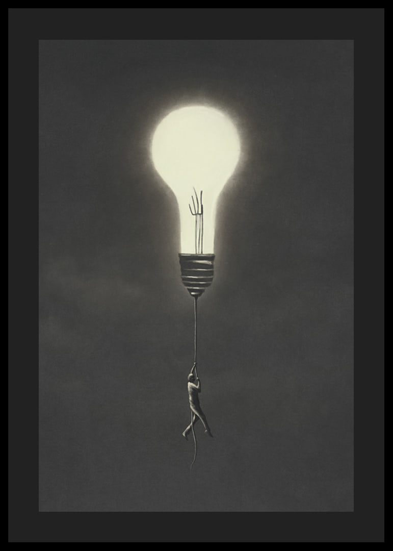 Surreal illustration of man hanging from a light bulb-12