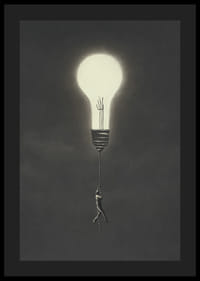 Surreal illustration of man hanging from a light bulb-4
