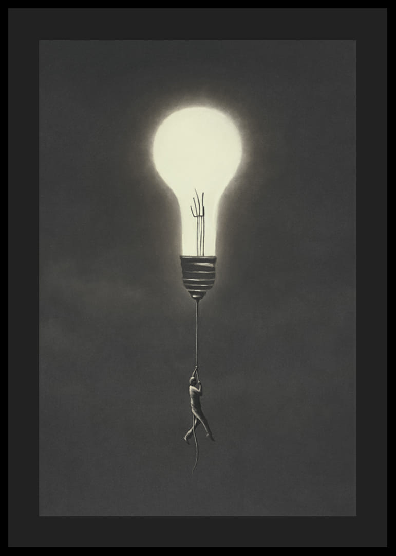 Surreal illustration of man hanging from a light bulb-12