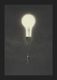 Surreal illustration of man hanging from a light bulb-5