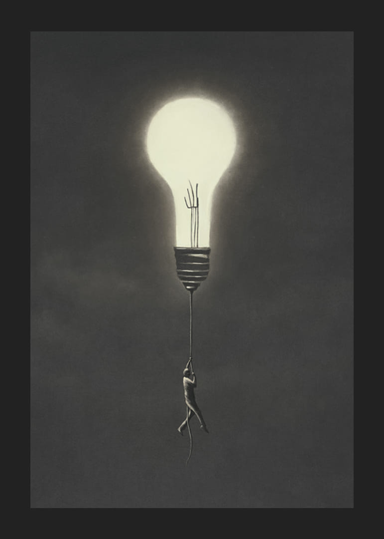 Surreal illustration of man hanging from a light bulb-12