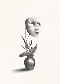 Surrealistyczna ilustracja robaka unoszącego się nad rośliną w wazonie-7