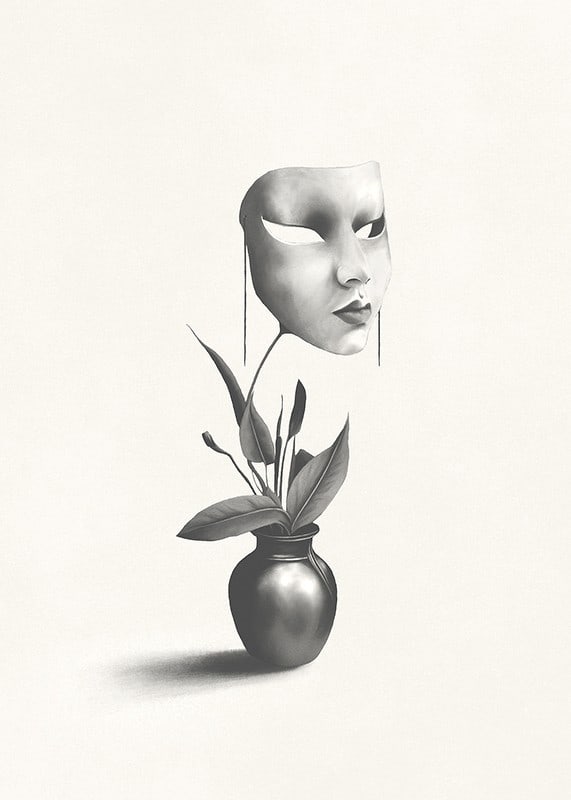 Surrealistyczna ilustracja robaka unoszącego się nad rośliną w wazonie-12