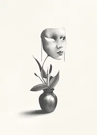 Surreal illustration of worm floating over plant in vase-7