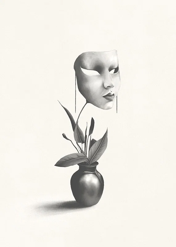 Surreal illustration of worm floating over plant in vase-12