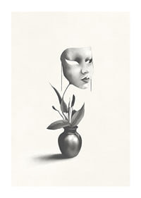 Surrealistyczna ilustracja robaka unoszącego się nad rośliną w wazonie-1