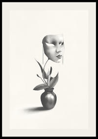 Surrealistisk illustration av mask svävande över växt i vas-2