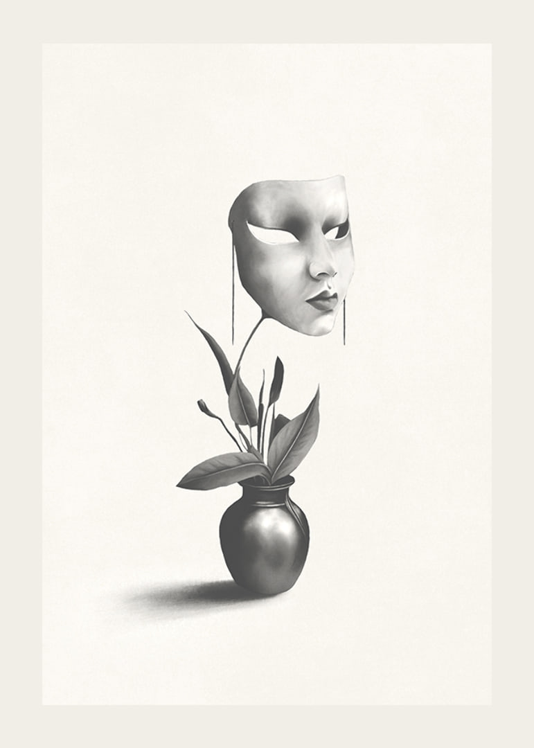 Surrealistyczna ilustracja robaka unoszącego się nad rośliną w wazonie-12