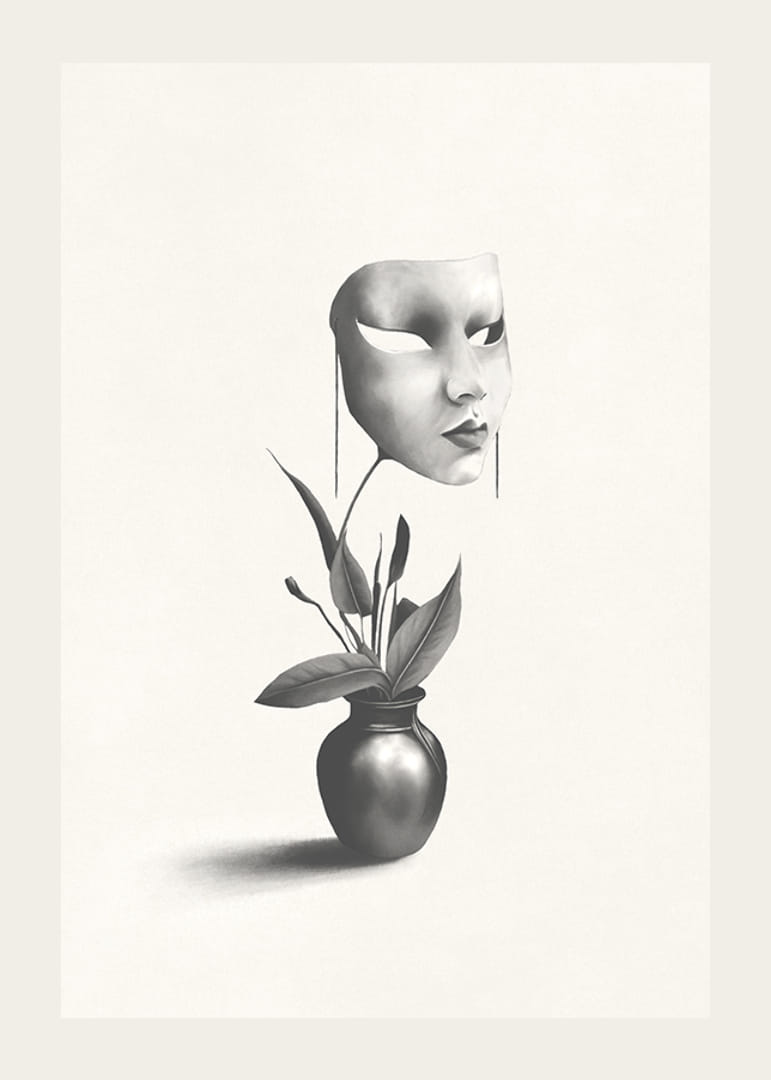 Surrealistisk illustration av mask svävande över växt i vas-12