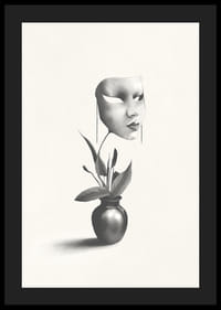 Surrealistisk illustration av mask svävande över växt i vas-4