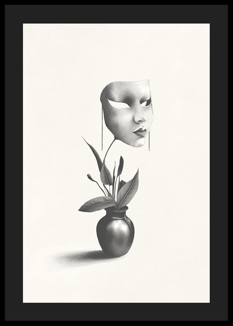 Surrealistisk illustration av mask svävande över växt i vas-12