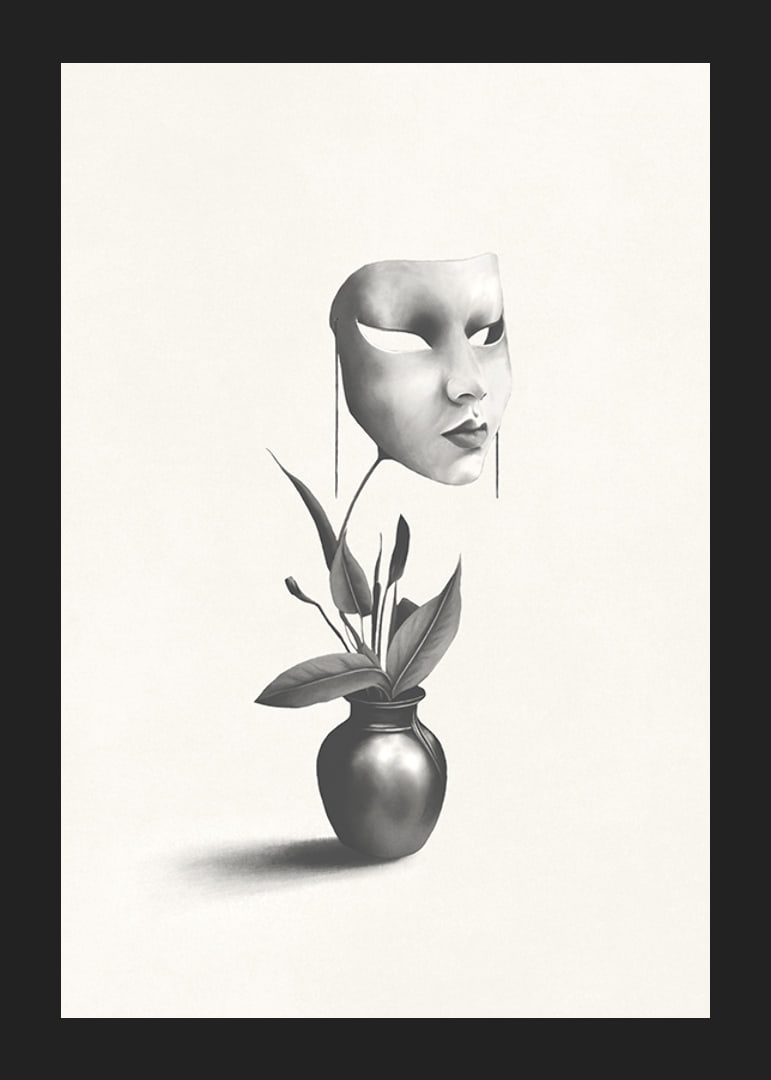 Surrealistyczna ilustracja robaka unoszącego się nad rośliną w wazonie-12