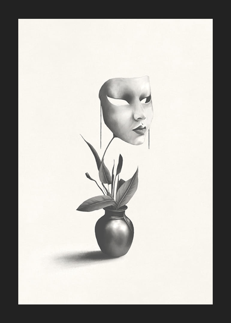 Surrealistisk illustration av mask svävande över växt i vas-12