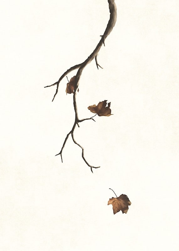 Watercolor of branch with brown autumn leaves against light background-12