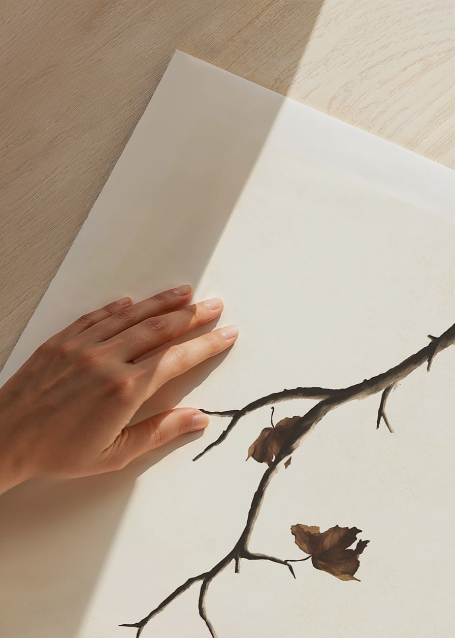 Watercolor of branch with brown autumn leaves against light background-12