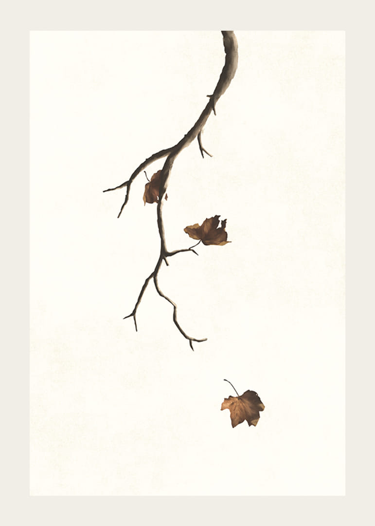 Watercolor of branch with brown autumn leaves against light background-12