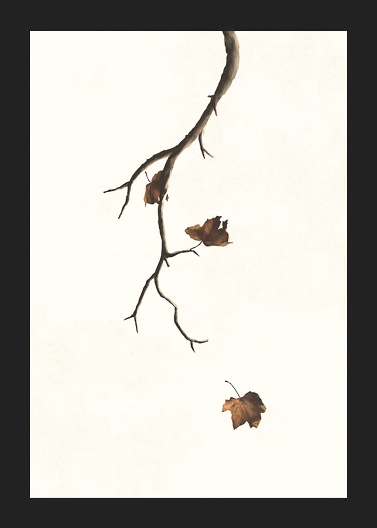 Watercolor of branch with brown autumn leaves against light background-12