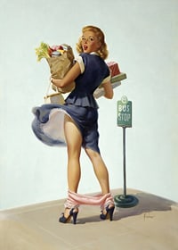Frau im blauen Kleid mit Einkaufstüten an der Bushaltestelle, Retro-Stil-7