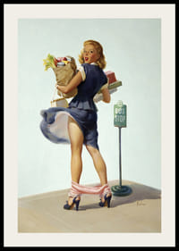 Vrouw in blauwe jurk met boodschappentassen bij bushalte, retrostijl-2