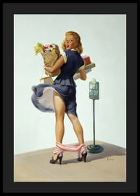 Vrouw in blauwe jurk met boodschappentassen bij bushalte, retrostijl-4