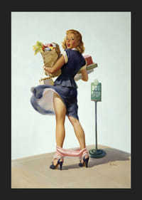 Vrouw in blauwe jurk met boodschappentassen bij bushalte, retrostijl-5