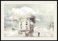 Surreal urban environment with building covered in clouds-2