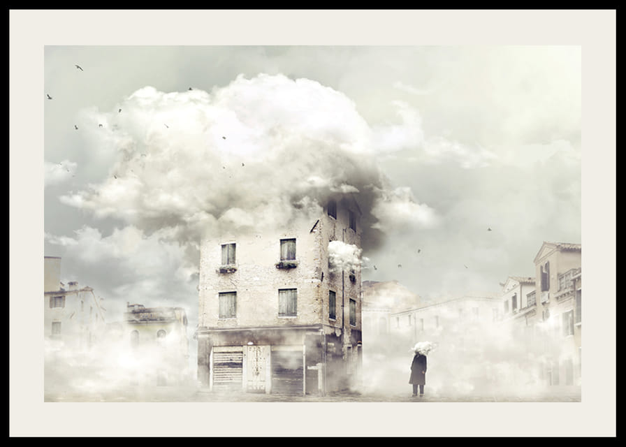 Surreal urban environment with building covered in clouds-12