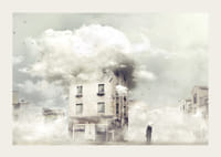 Surreal urban environment with building covered in clouds-3