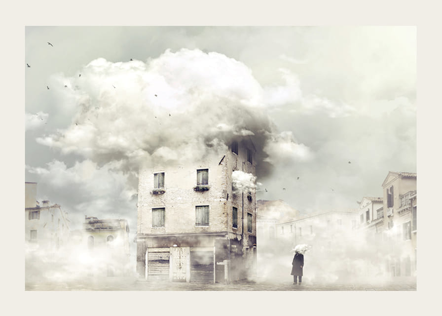 Surreal urban environment with building covered in clouds-12