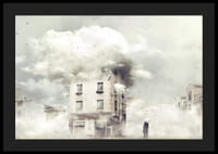 Surreal urban environment with building covered in clouds-4