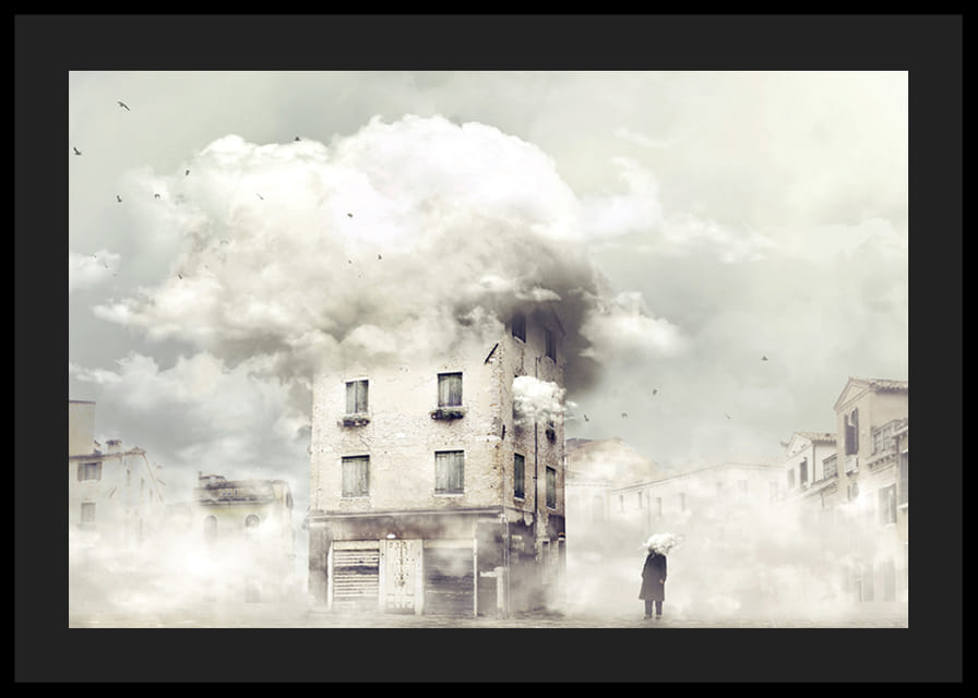 Surreal urban environment with building covered in clouds-12
