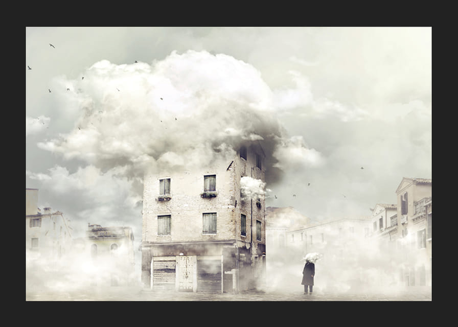 Surreal urban environment with building covered in clouds-12