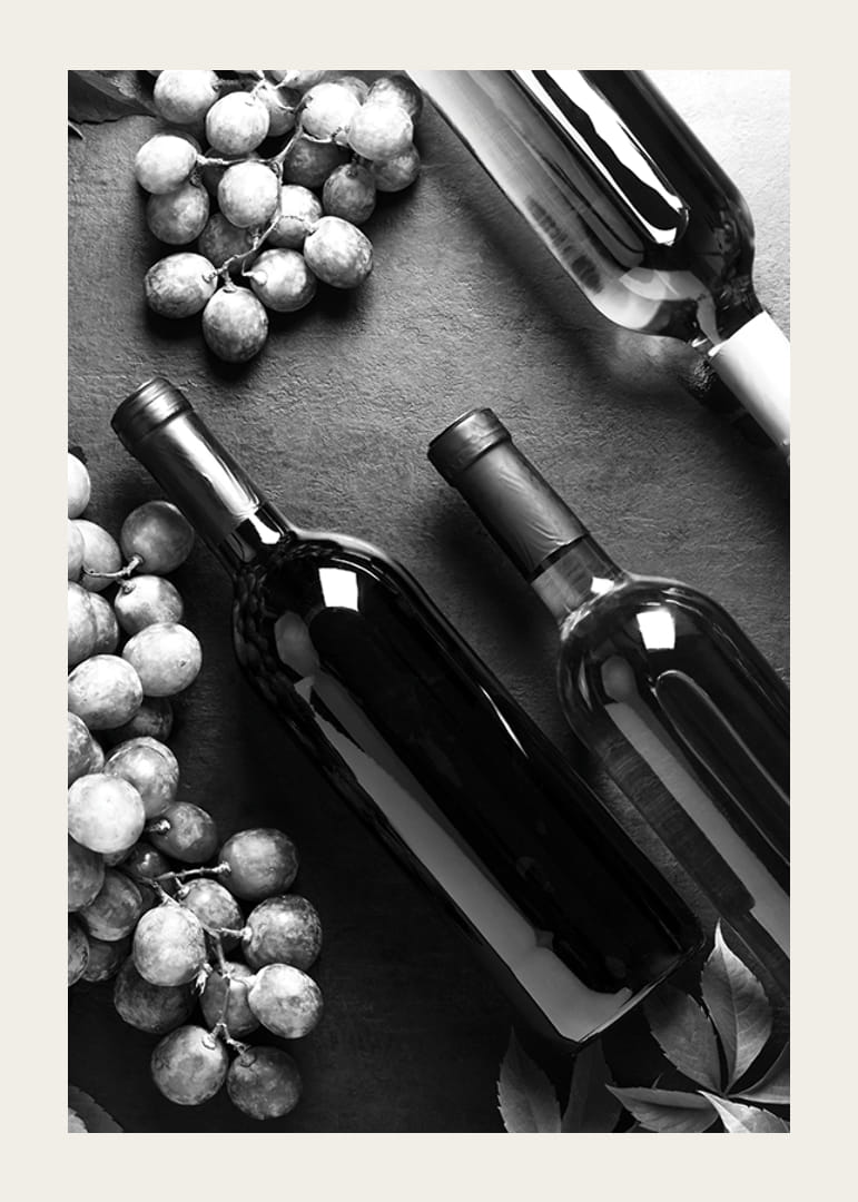 Black and white close-up of wine bottles and bunches of grapes on dark surface-12