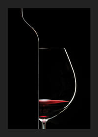 Graphic silhouette of wine bottle and wine glass in black and red-1