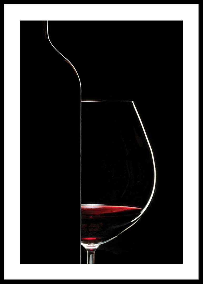 Graphic silhouette of wine bottle and wine glass in black and red-12