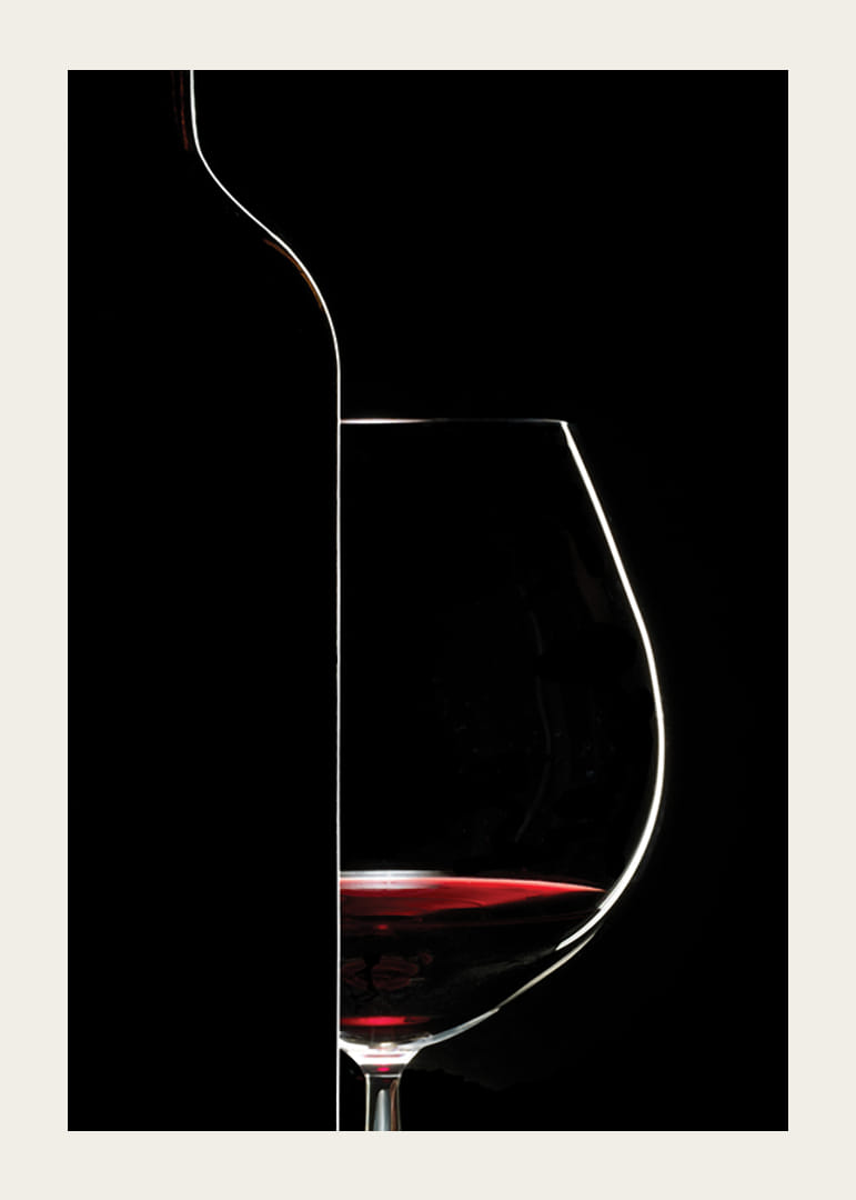 Graphic silhouette of wine bottle and wine glass in black and red-12