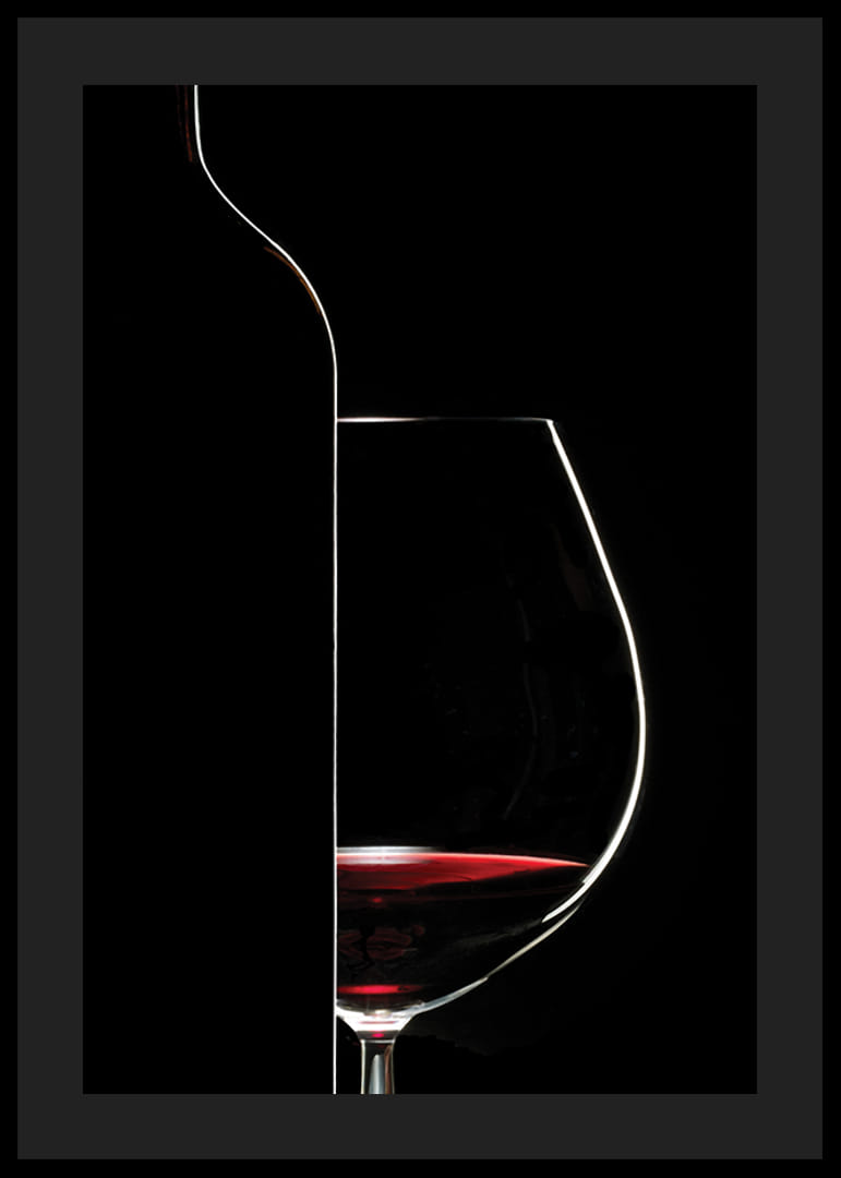 Graphic silhouette of wine bottle and wine glass in black and red-12