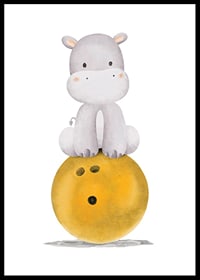 Illustrated hippo in shades of gray on yellow bowling ball-0