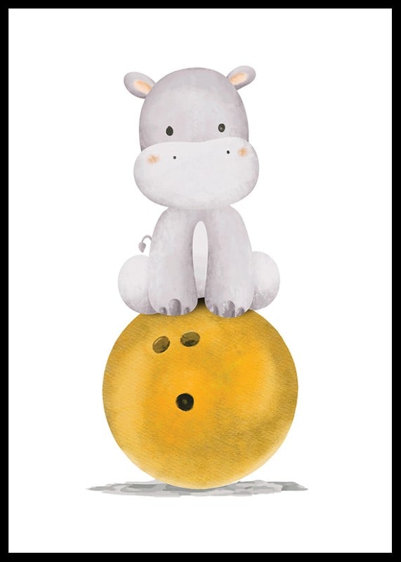 Illustrated hippo in shades of gray on yellow bowling ball-12