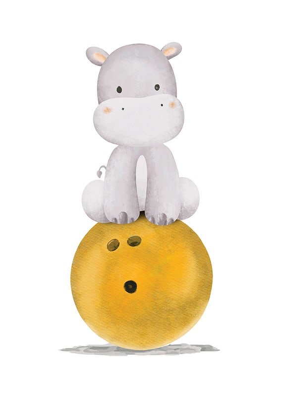 Illustrated hippo in shades of gray on yellow bowling ball-12
