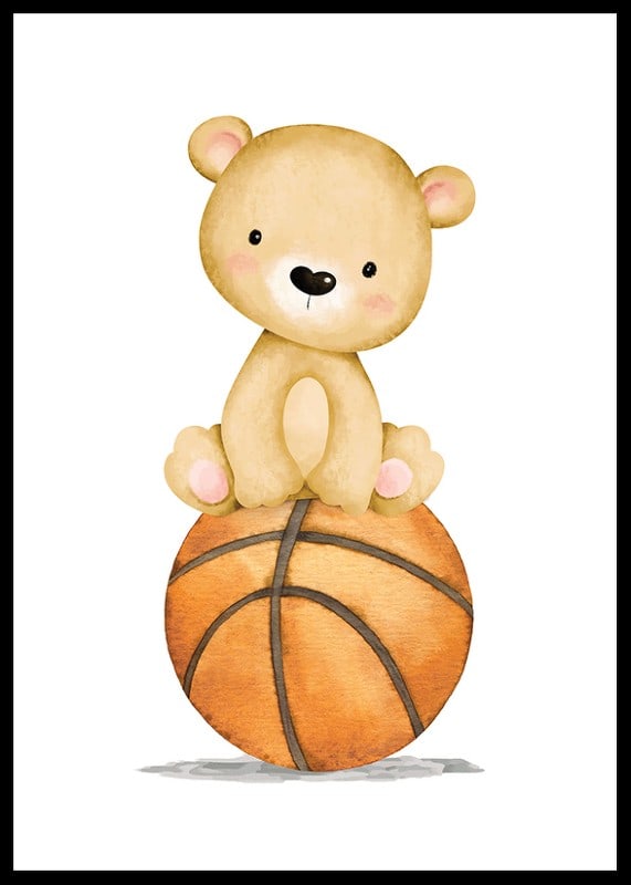 Illustrerad liten björn sittande på en orange basketboll-12