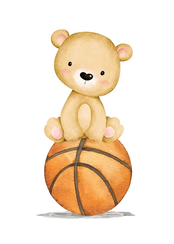 Illustrerad liten björn sittande på en orange basketboll-12