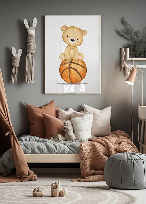 Illustrerad liten björn sittande på en orange basketboll-12