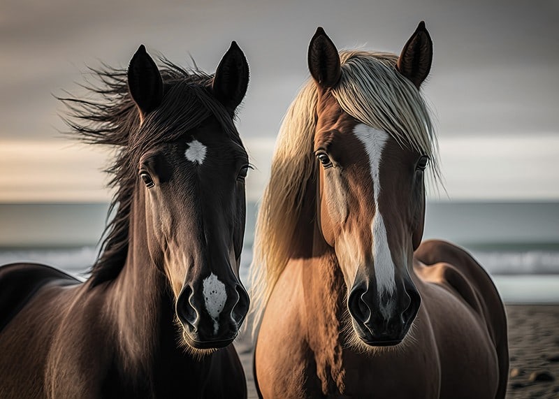 Fotografi av två bruna hästar vid havet i mjukt ljus-12