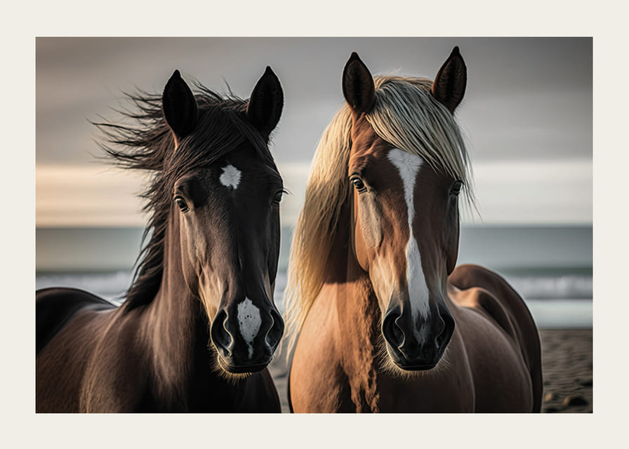 Fotografi av två bruna hästar vid havet i mjukt ljus-12