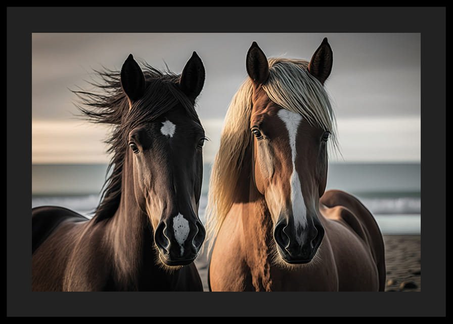 Fotografi av två bruna hästar vid havet i mjukt ljus-12