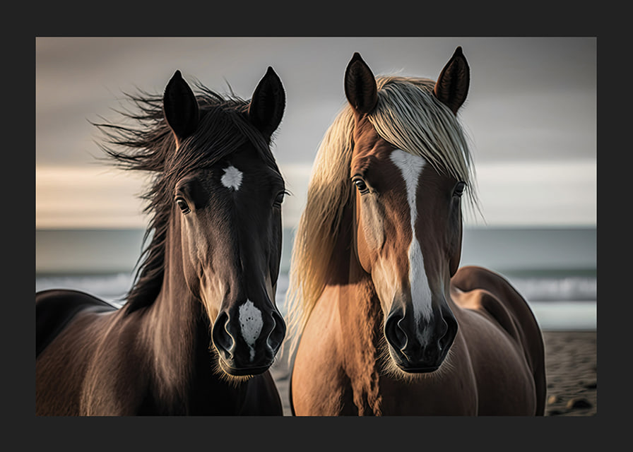 Fotografi av två bruna hästar vid havet i mjukt ljus-12