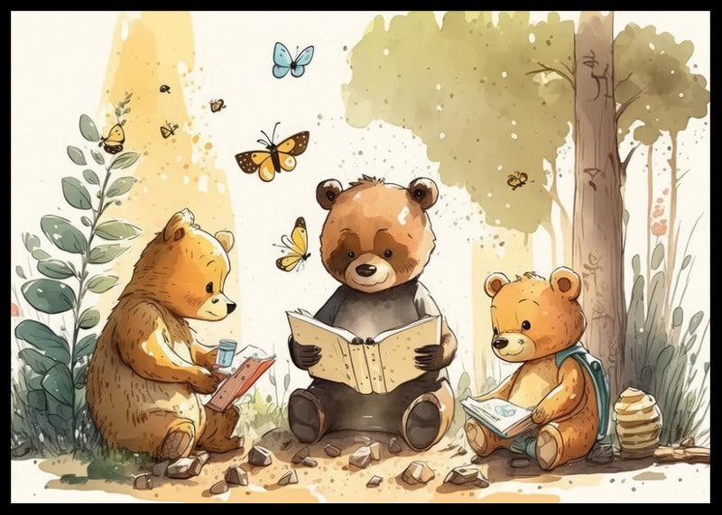 Illustrated bear cubs reading books in a sunny forest-12