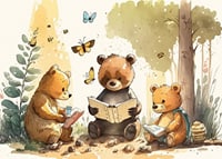 Illustrated bear cubs reading books in a sunny forest-7