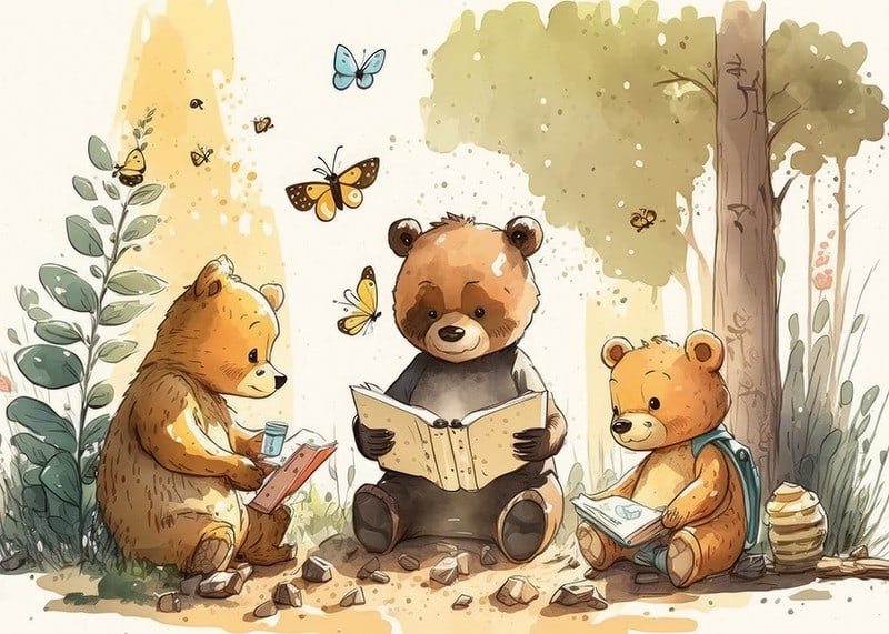 Illustrated bear cubs reading books in a sunny forest-12